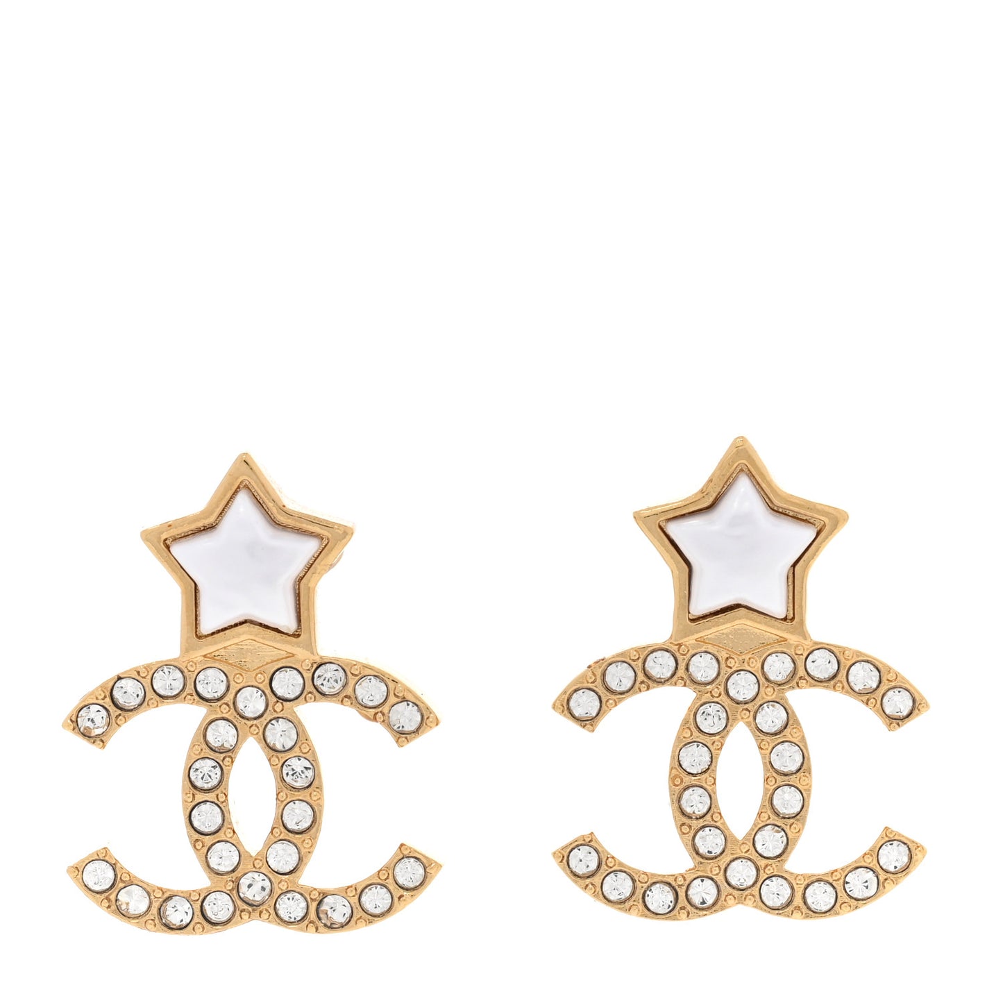 Metal Crystal Pearl CC Star Earrings Gold Pearly White