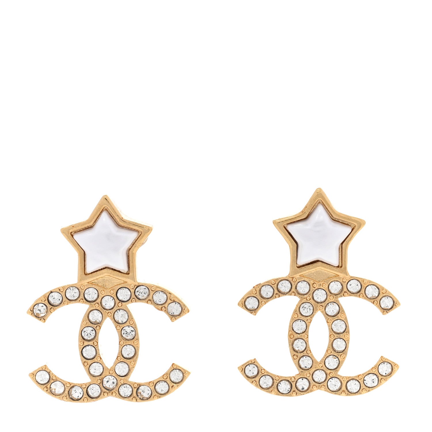 Chanel Metal Crystal Pearl CC Star Earrings Gold Pearly White 1 of 4