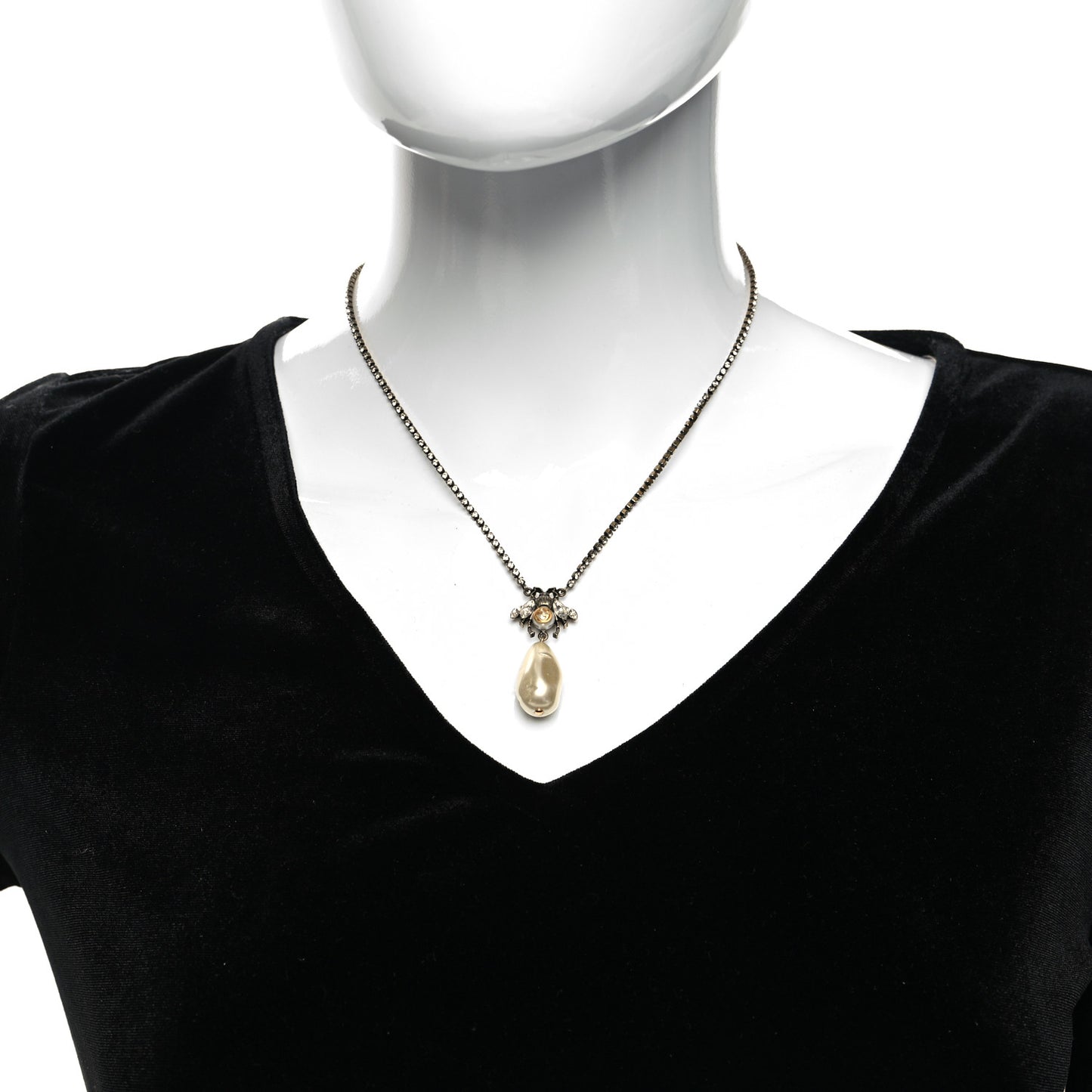 Metal Crystal Pearl Bee Necklace Aged Gold