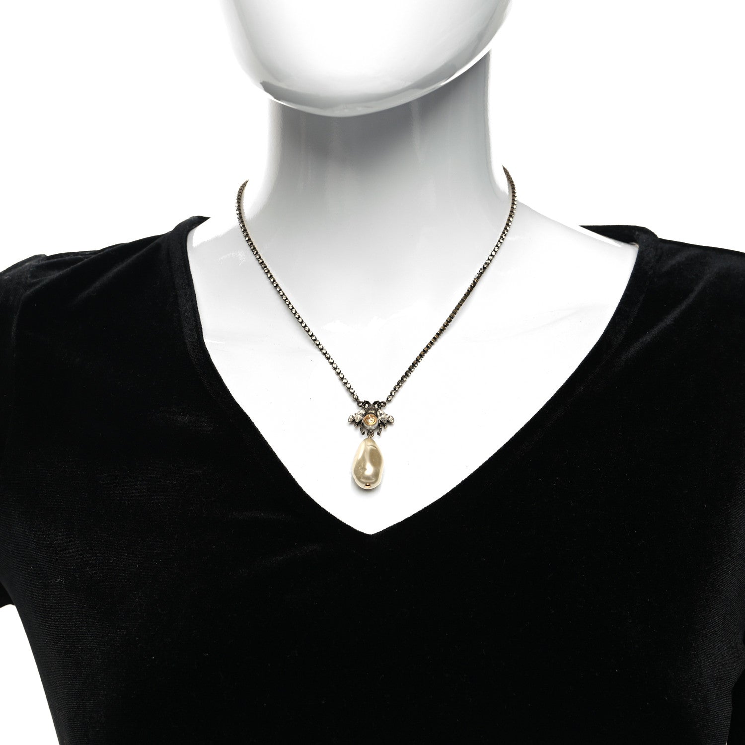 Gucci Metal Crystal Pearl Bee Necklace Aged Gold 2 of 7