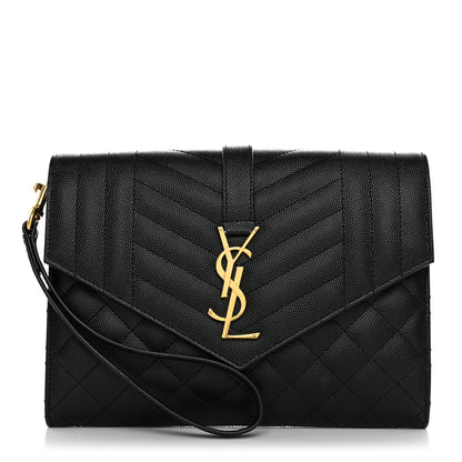 Saint Laurent Grain De Poudre Textured Mixed Matelasse Triquilt Monogram Clutch Black 1 of 8