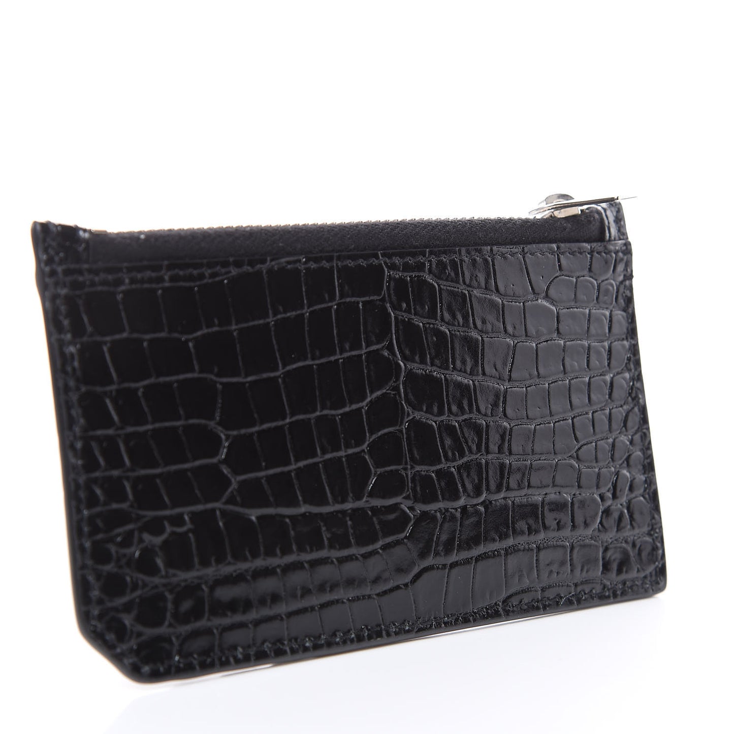 Calfskin Crocodile Embossed 5 Fragments Zip Pouch Card Holder Black