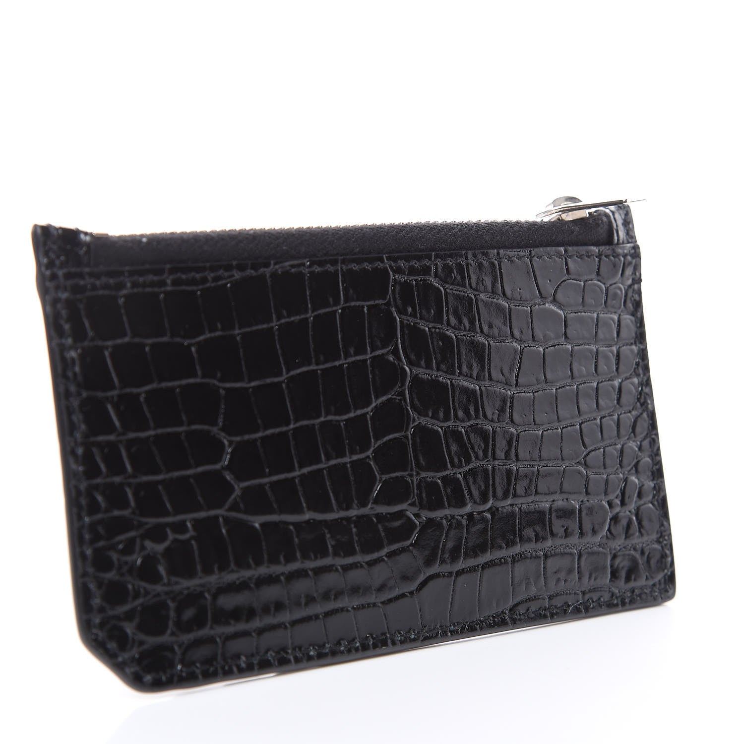 Saint Laurent Calfskin Crocodile Embossed 5 Fragments Zip Pouch Card Holder Black 3 of 8