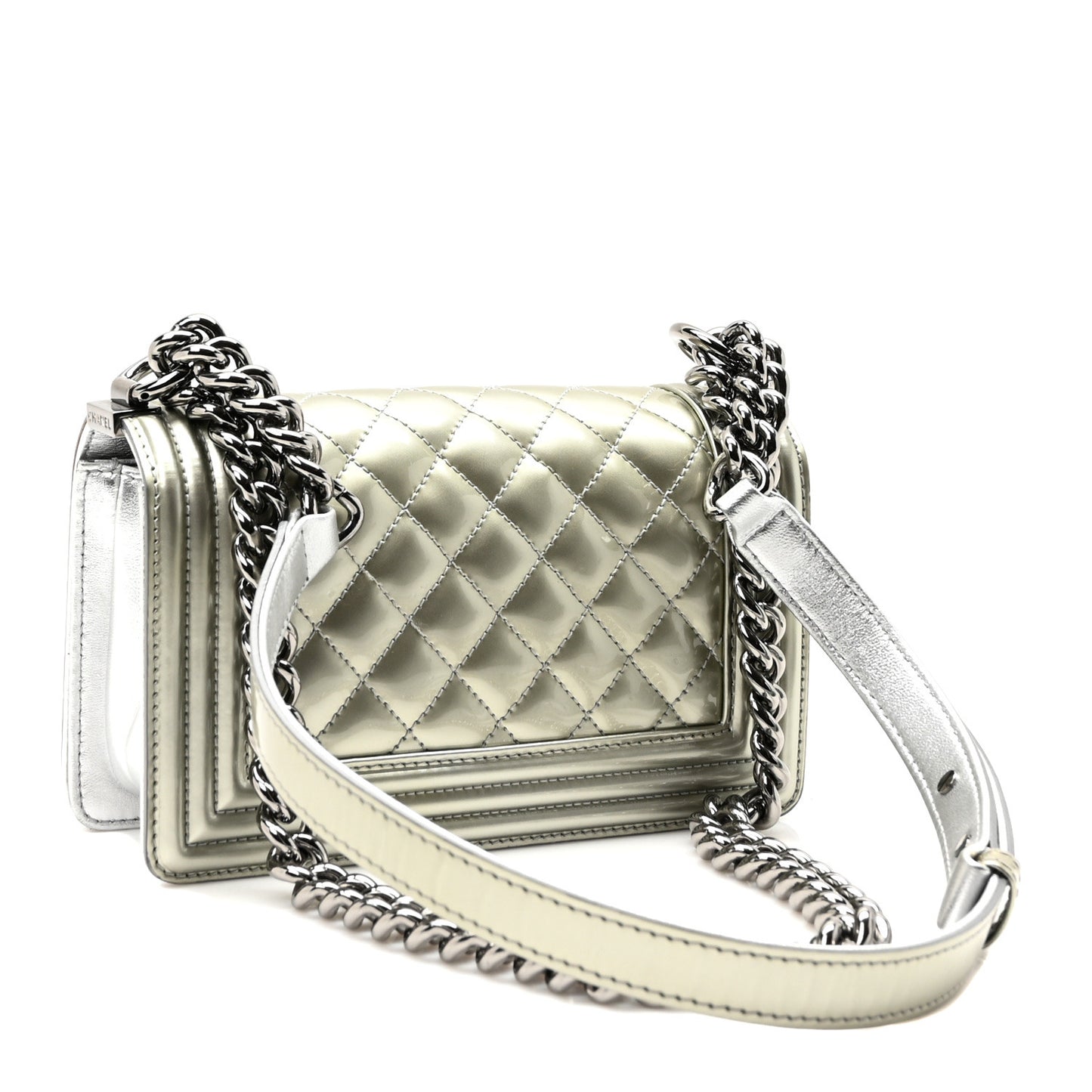 Metallic Patent Calfskin Quilted Small Boy Flap Silver