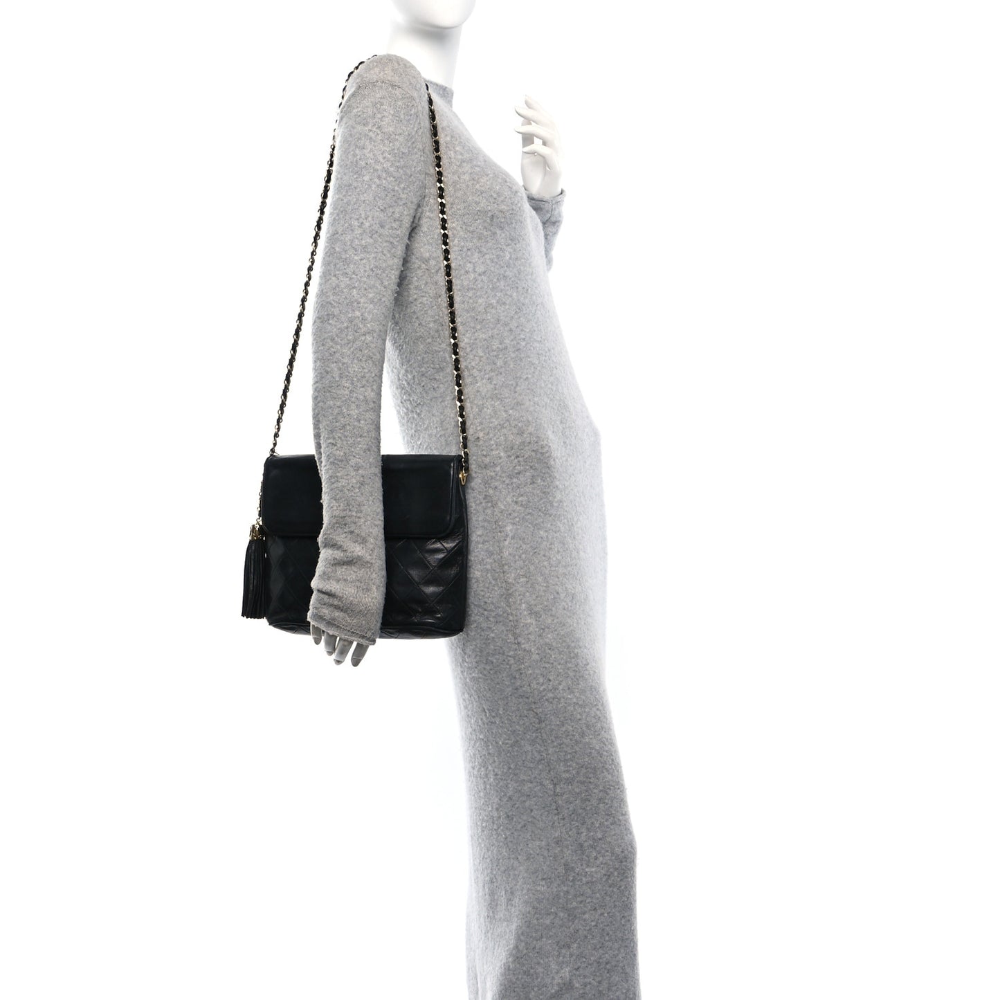 Lambskin Quilted CC Tassel Shoulder Flap Bag Black