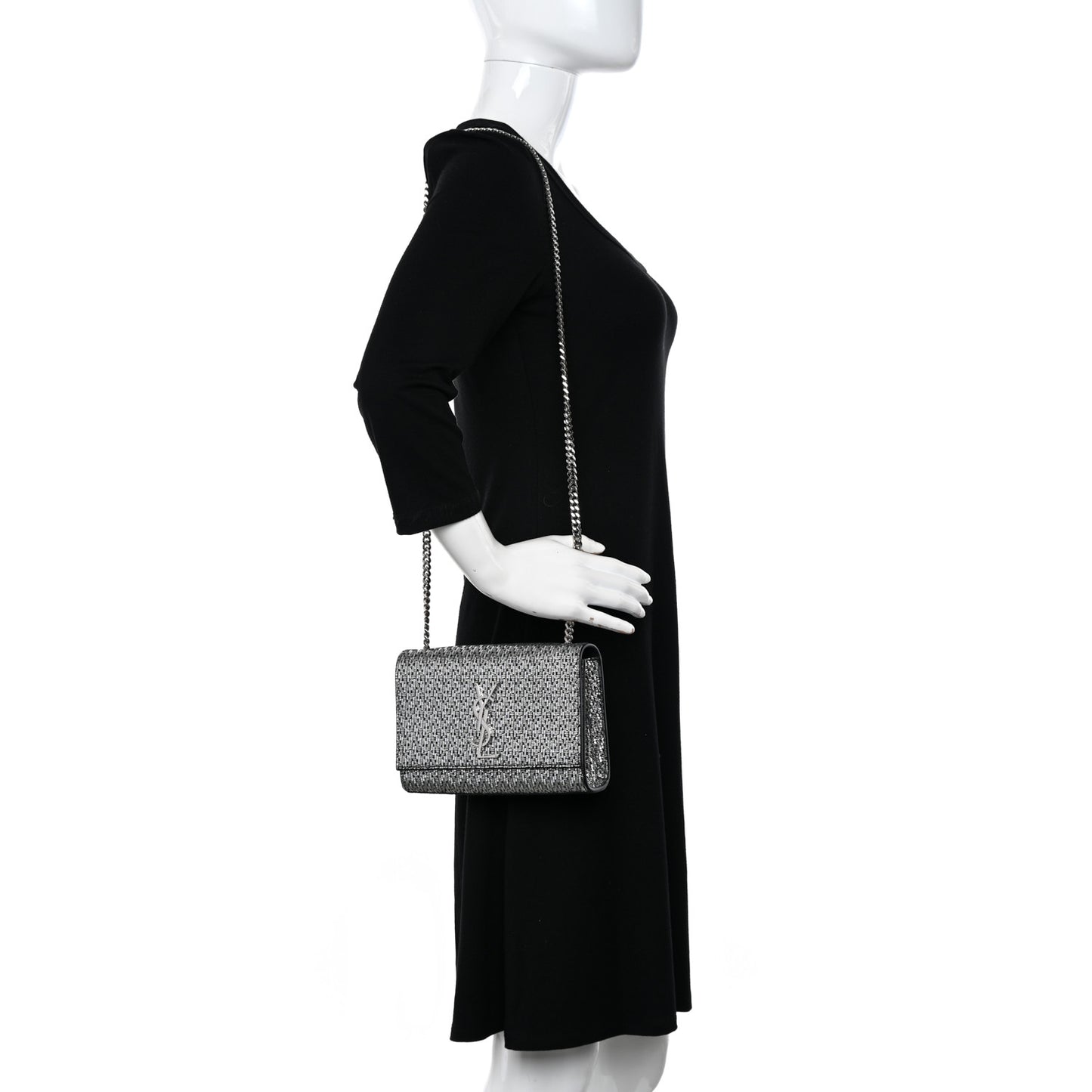 Metallic Calfskin Chevron Small Monogram Kate Satchel Black Argento