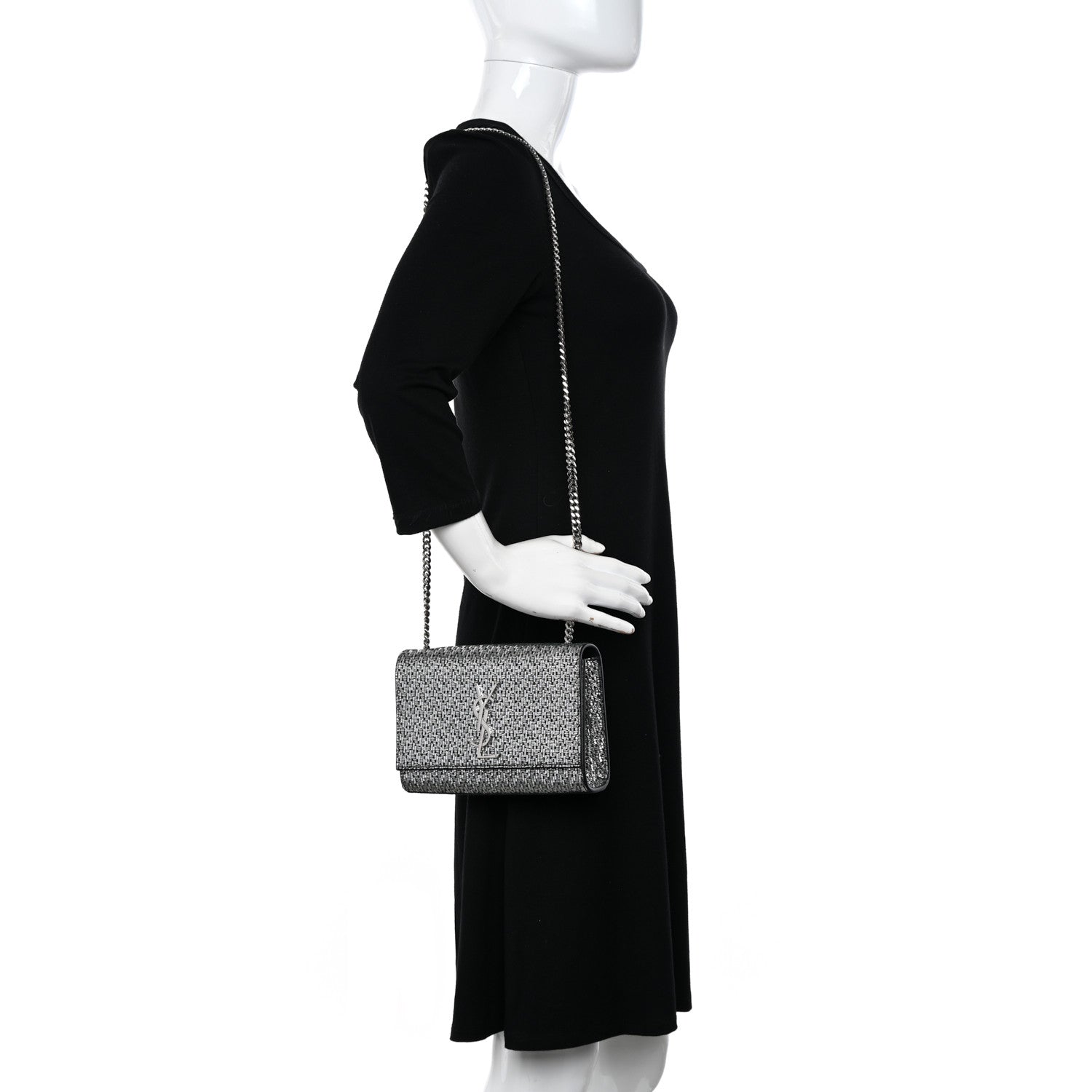 Saint Laurent Metallic Calfskin Chevron Small Monogram Kate Satchel Black Argento 2 of 9
