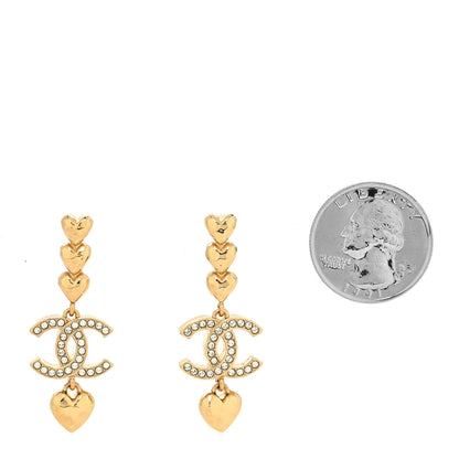 Chanel Metal Crystal CC Heart Drop Earrings Gold 2 of 4