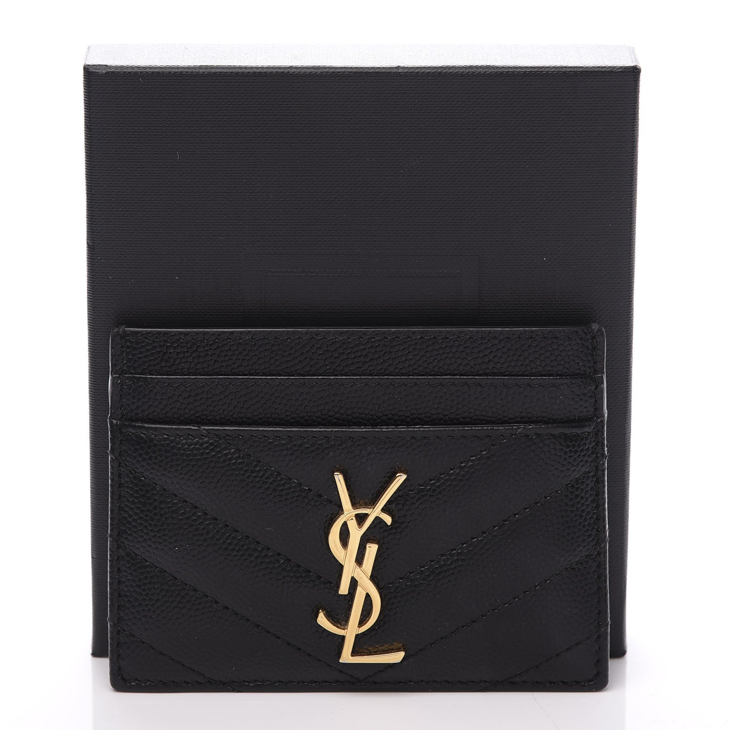 Saint Laurent Grain De Poudre Matelasse Chevron Monogram Credit Card Case Black 9 of 9