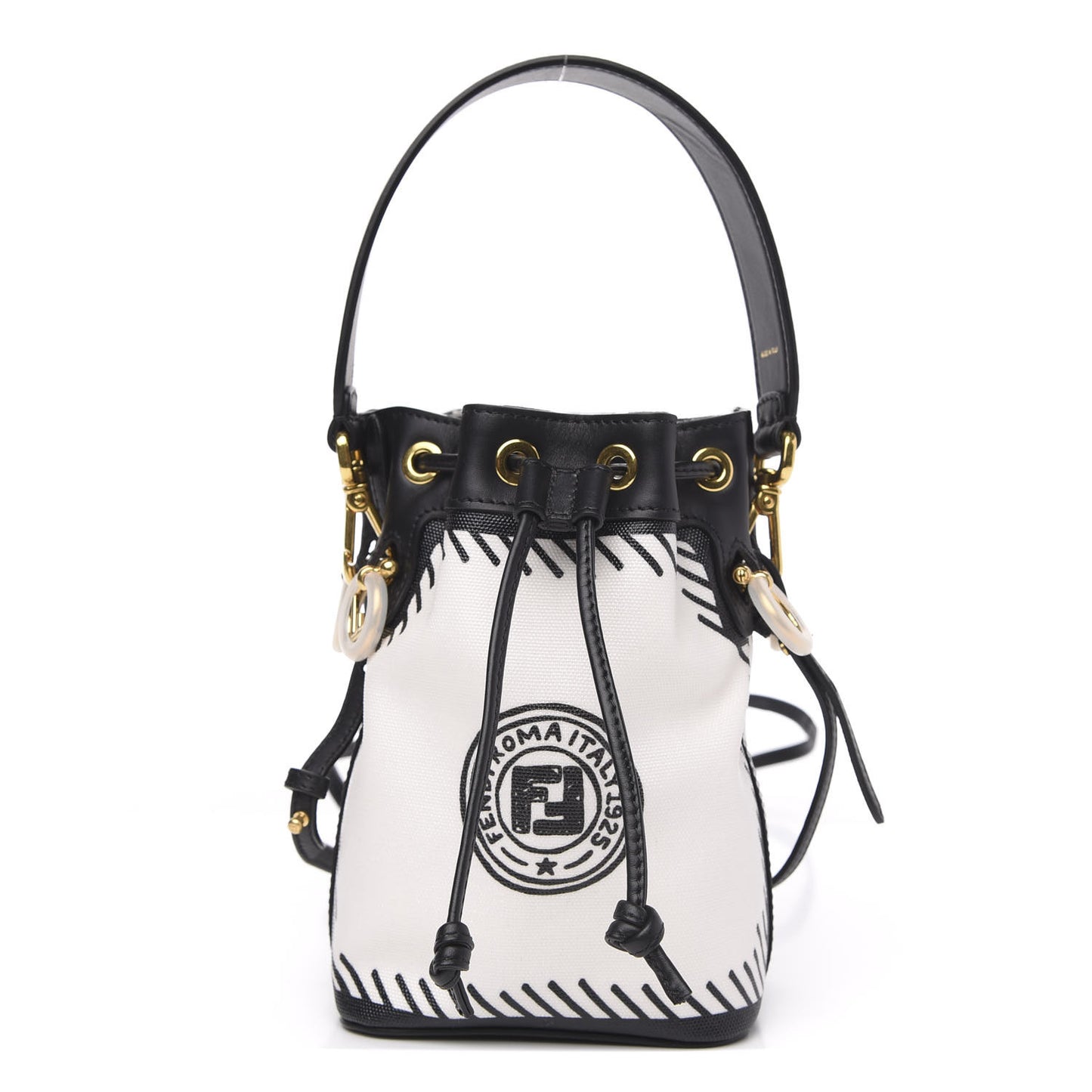 X JOSHUA VIDES Canvas Calfskin F is Mini Mon Tresor Bucket Bag White Black