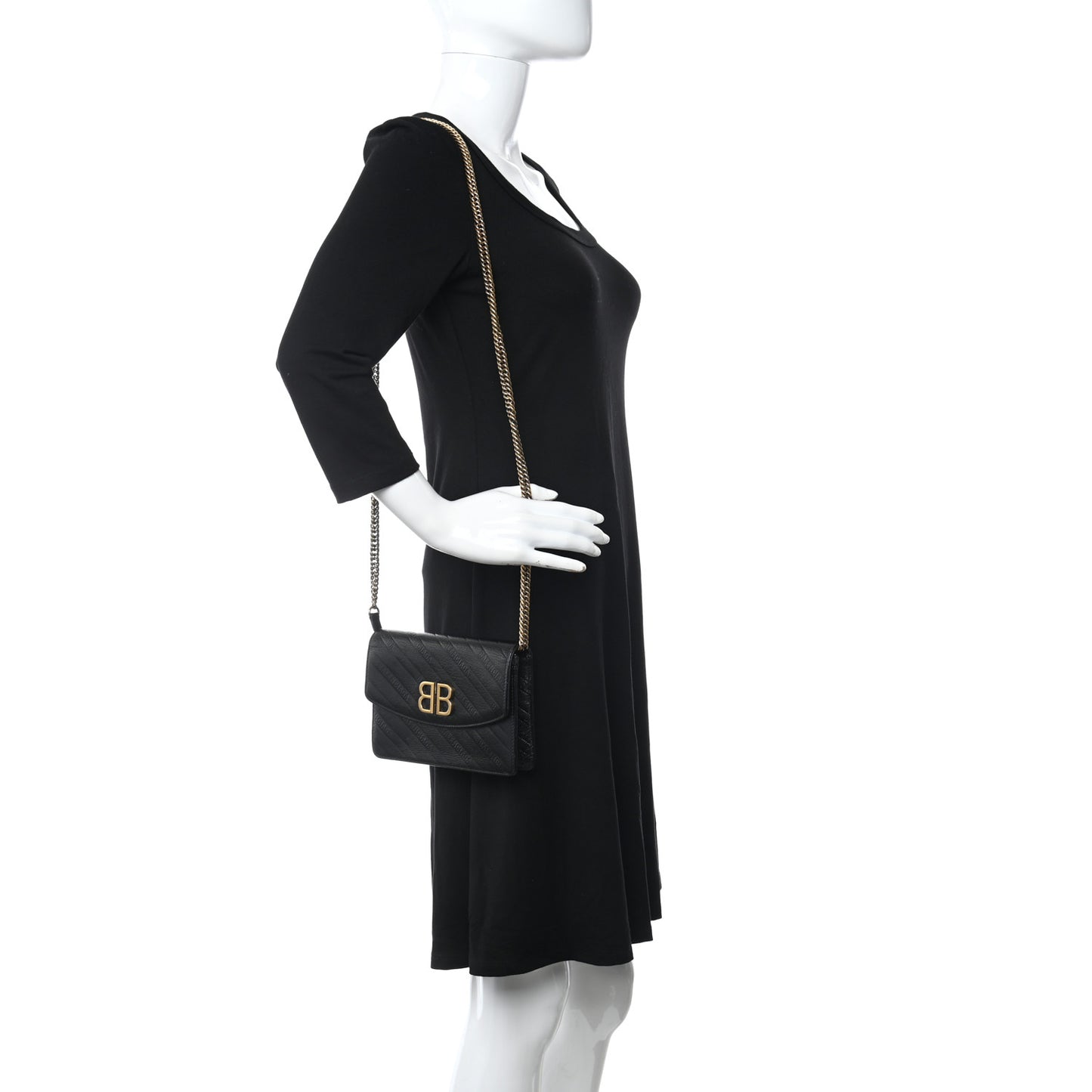 Shiny Goatskin Logo Embossed BB Wallet On Chain Black