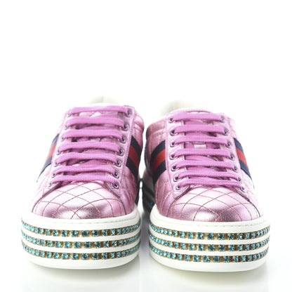 Gucci Laminated Nappa Crystal Web Bee Embroidered Trapuntata Womens Ace Platform Sneakers 35.5 Rosa 2 of 7