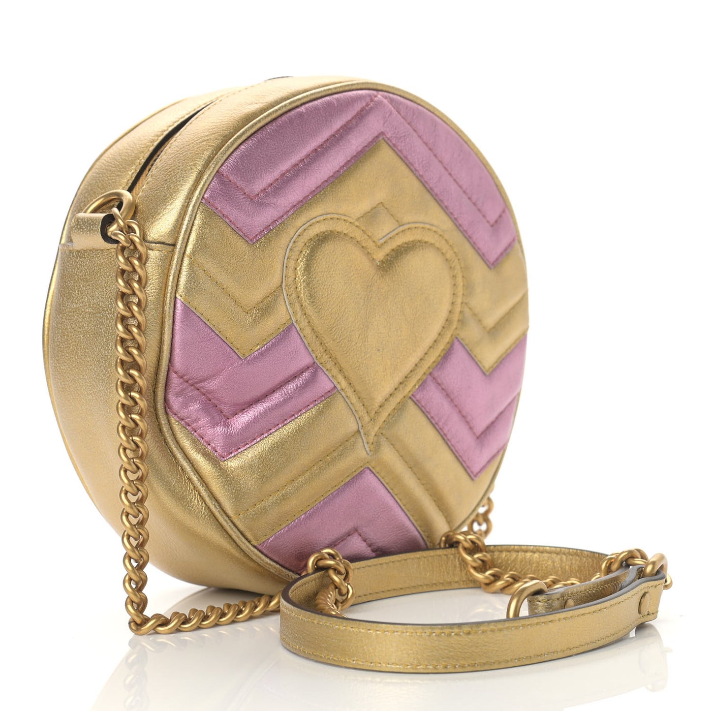 Metallic Nappa Matelasse Heart Mini GG Marmont Round Shoulder Bag Oro Vecchio Rosa