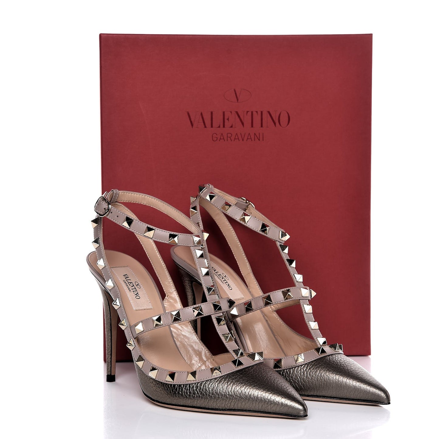 Metallic Pebbled Calfskin Rockstud Ankle Strap 100mm Pumps 39 Sasso Poudre