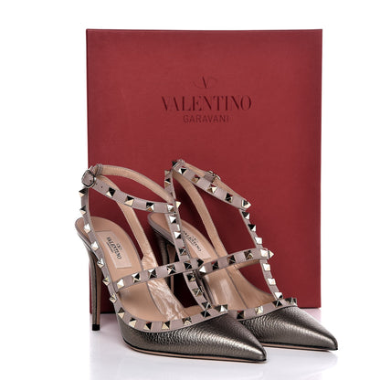 Valentino Garavani Metallic Pebbled Calfskin Rockstud Ankle Strap 100mm Pumps 39 Sasso Poudre 9 of 9