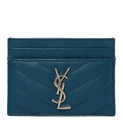 Saint Laurent Grain De Poudre Matelasse Chevron Monogram Credit Card Case Peacock Green 1 of 7