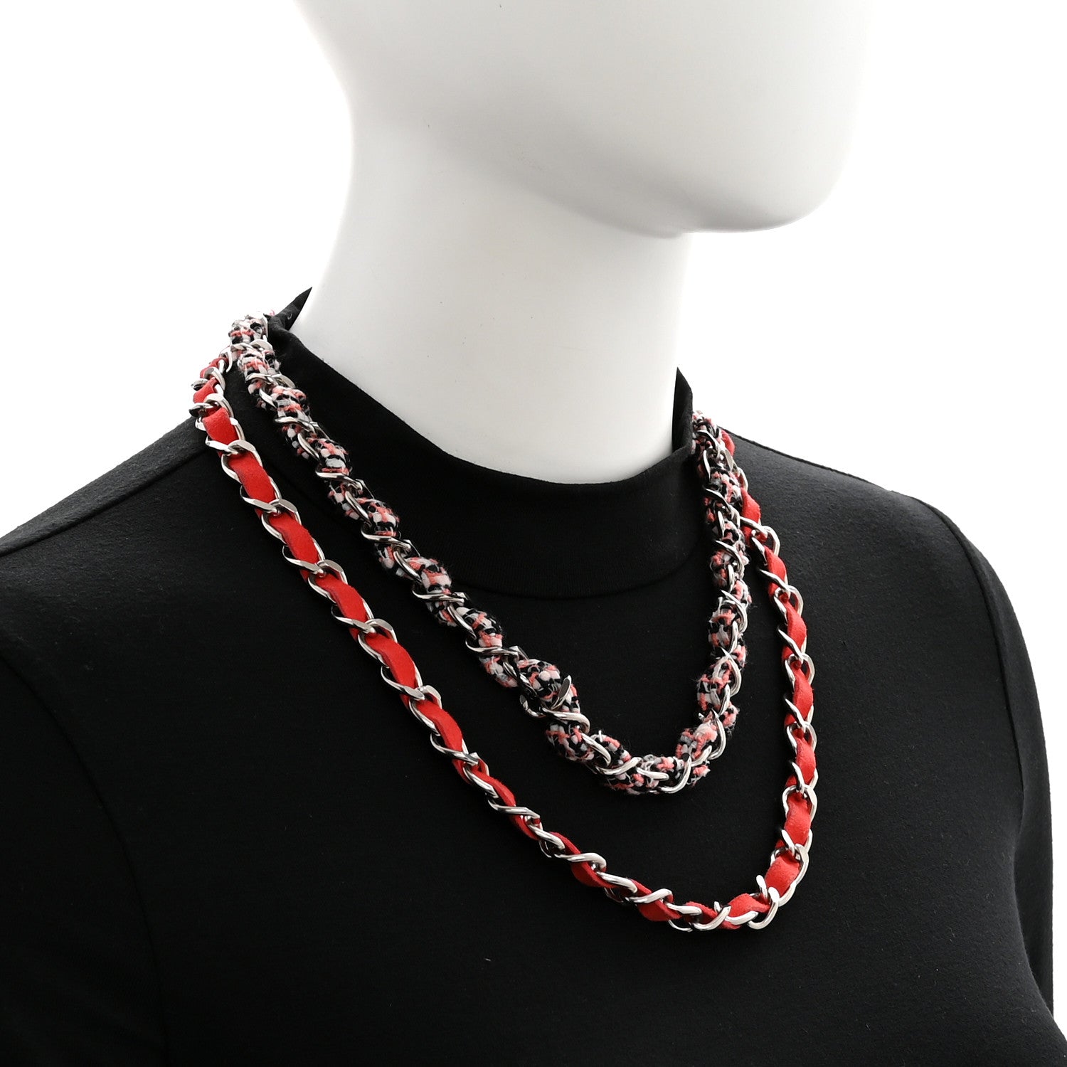 Chanel Metal Tweed Suede Chain CC Clover Necklace Silver Pink 2 of 6