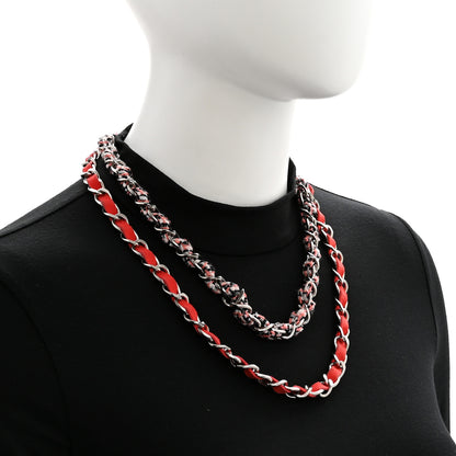 Chanel Metal Tweed Suede Chain CC Clover Necklace Silver Pink 2 of 6