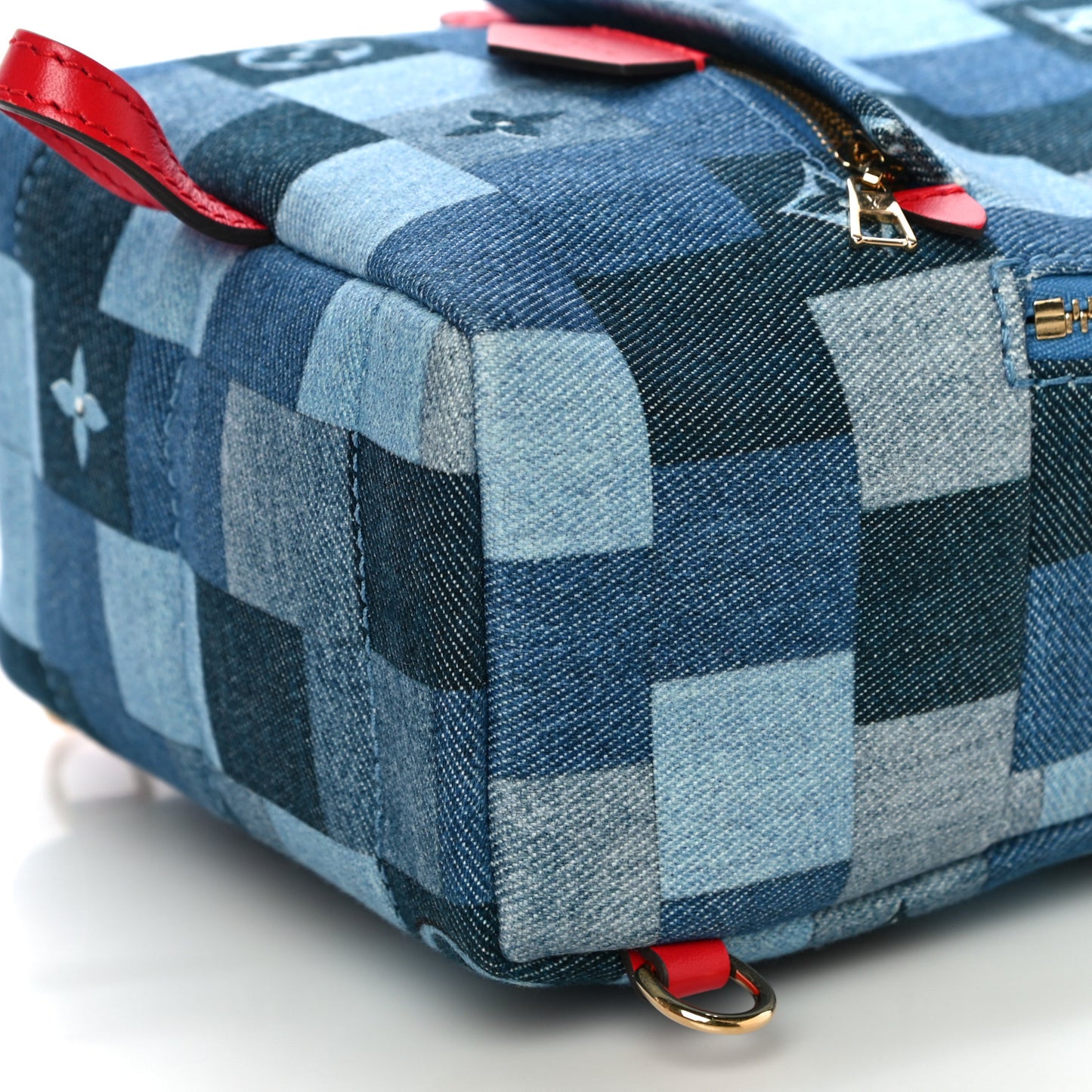 Denim Damier Monogram Patchwork Palm Springs Backpack Mini Blue Rouge