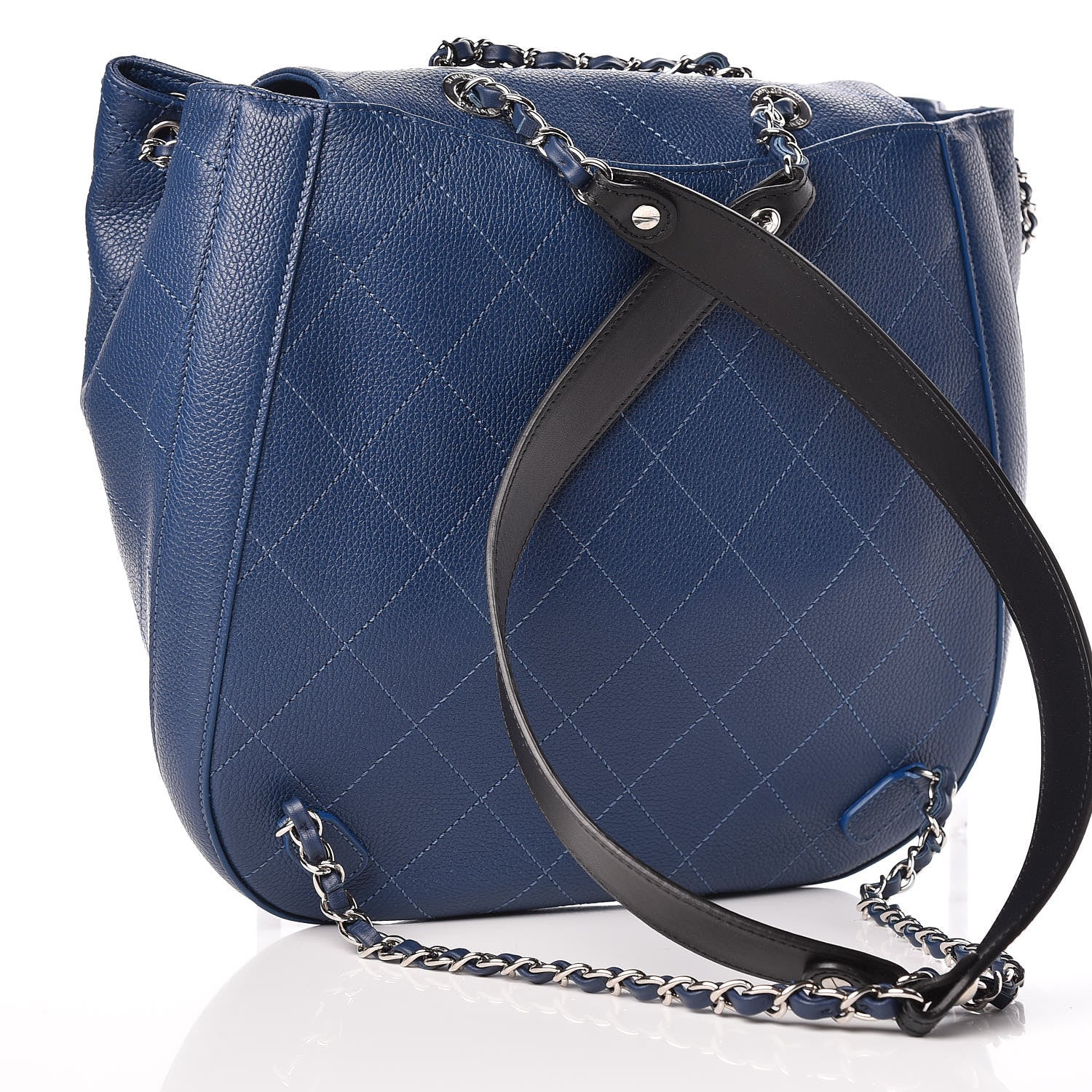 Chanel Grained Calfskin Stitched Flap Drawstring Backpack Blue Black 3 of 9