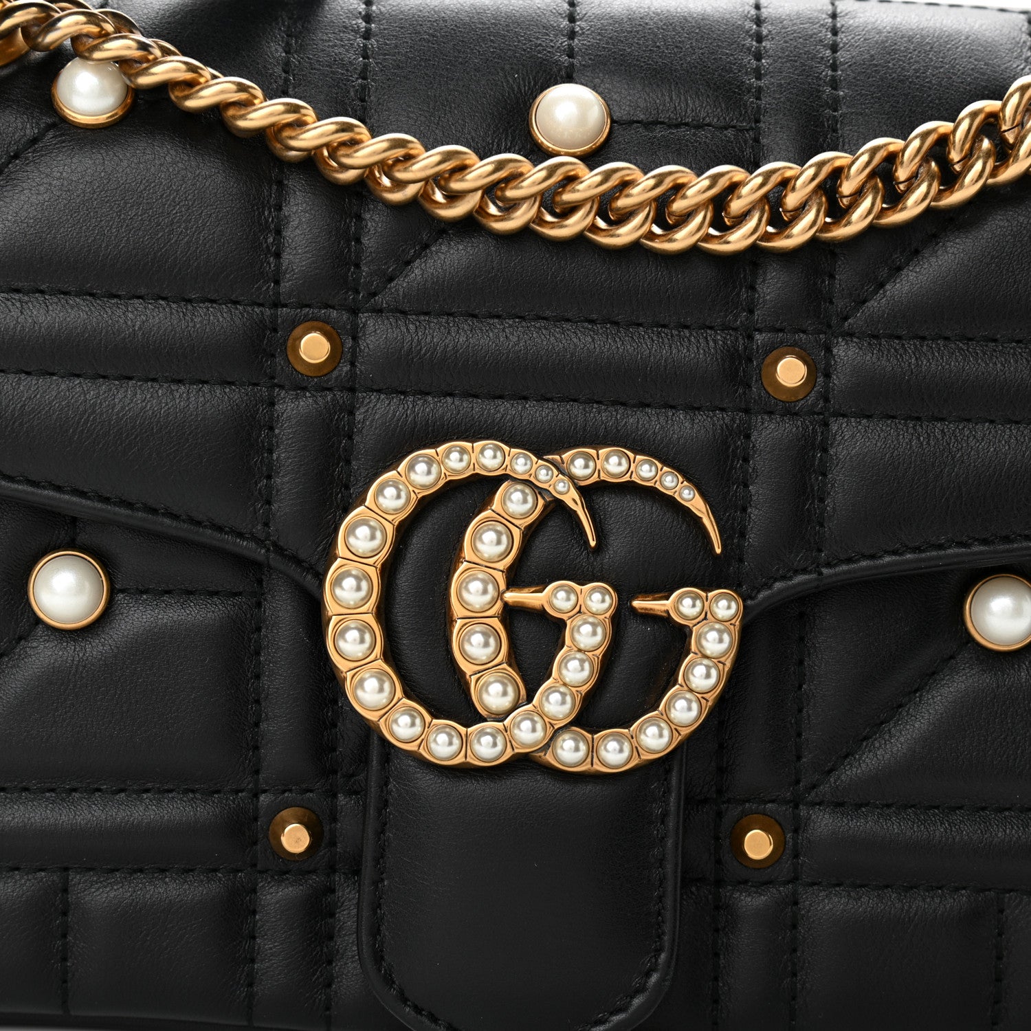 Gucci Calfskin Matelasse Studded Small Pearly GG Marmont Shoulder Bag Black 8 of 10
