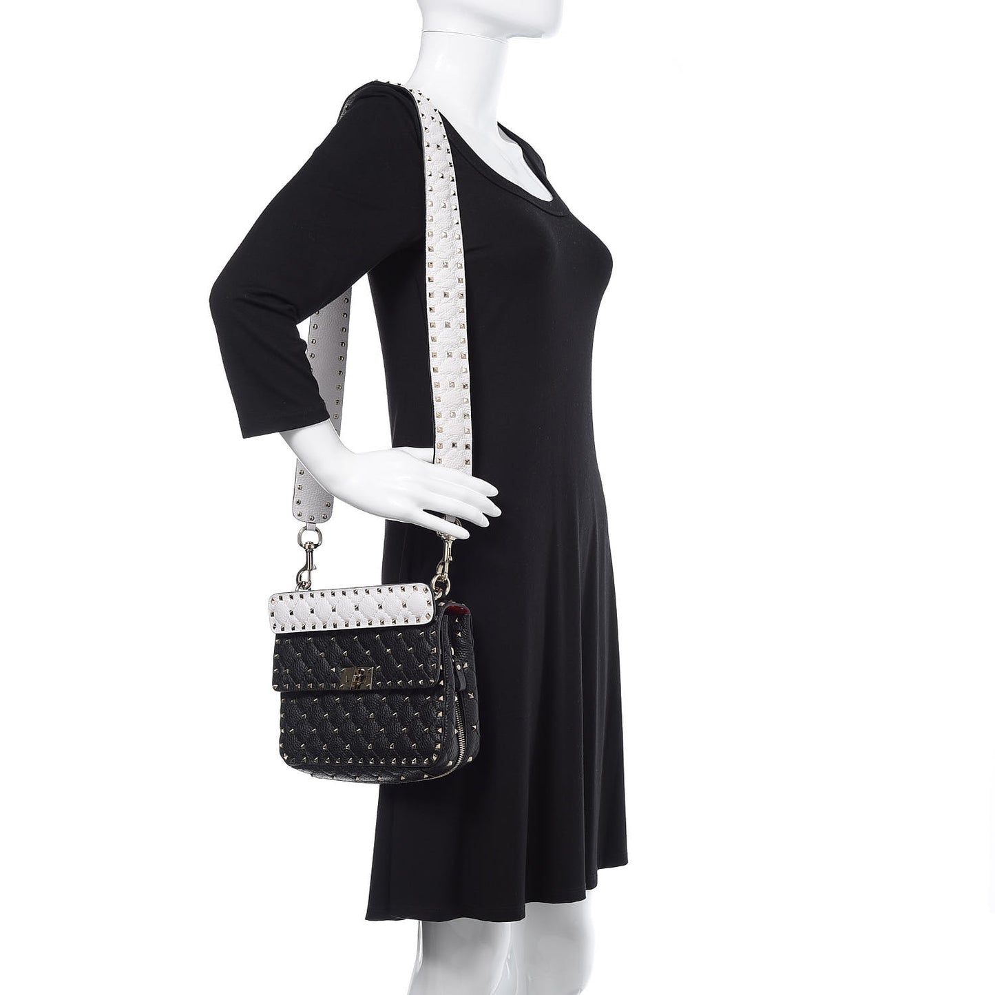 Grained Calfskin Medium Rockstud Spike Shoulder Bag Black White