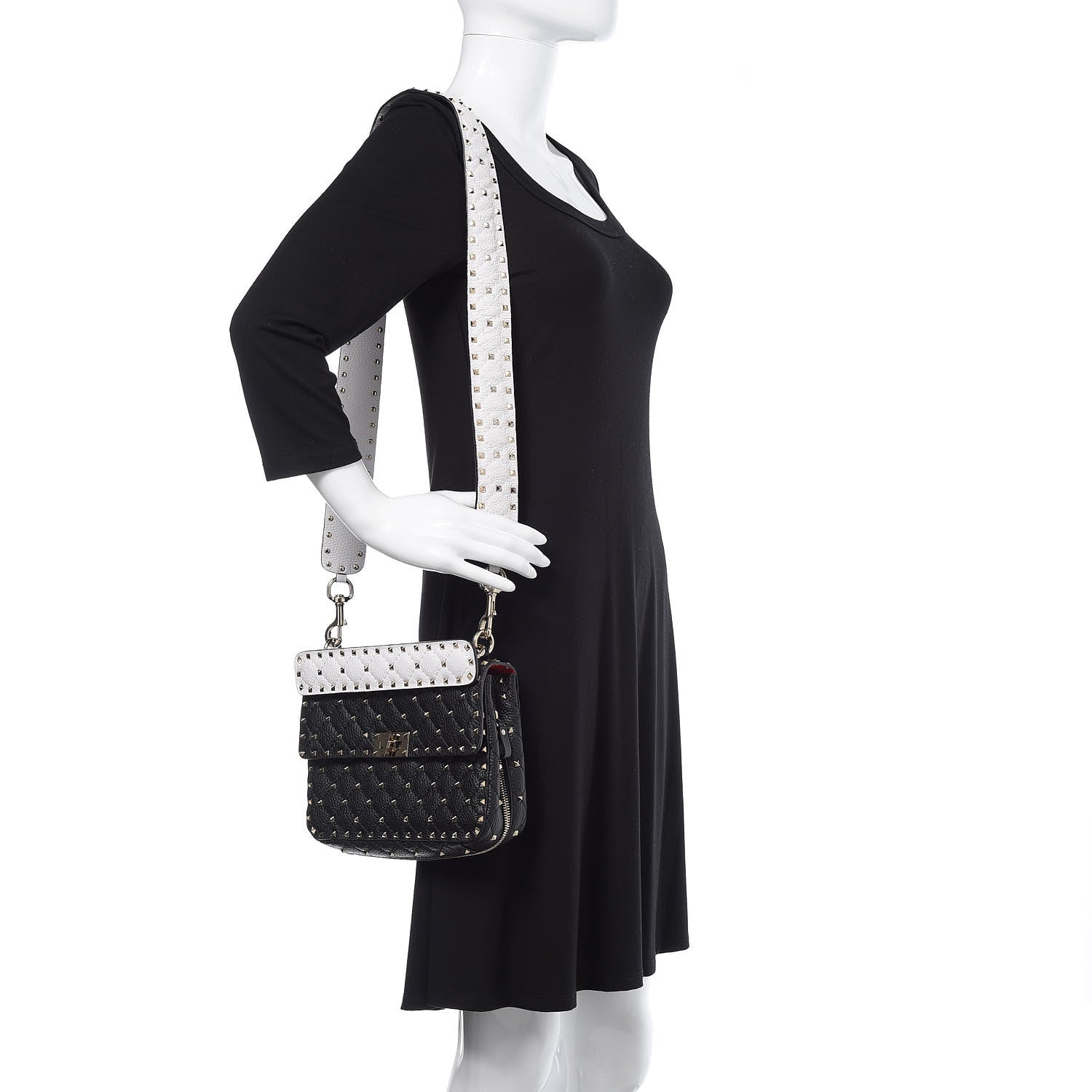 Valentino Garavani Grained Calfskin Medium Rockstud Spike Shoulder Bag Black White 2 of 12