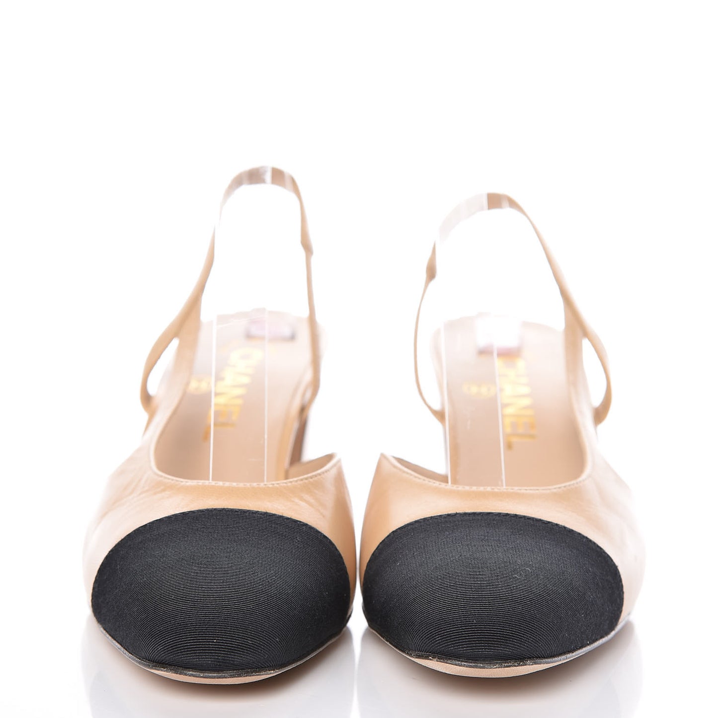 Goatskin Grosgrain Cap Toe CC Slingback Pumps 37.5 Beige Black