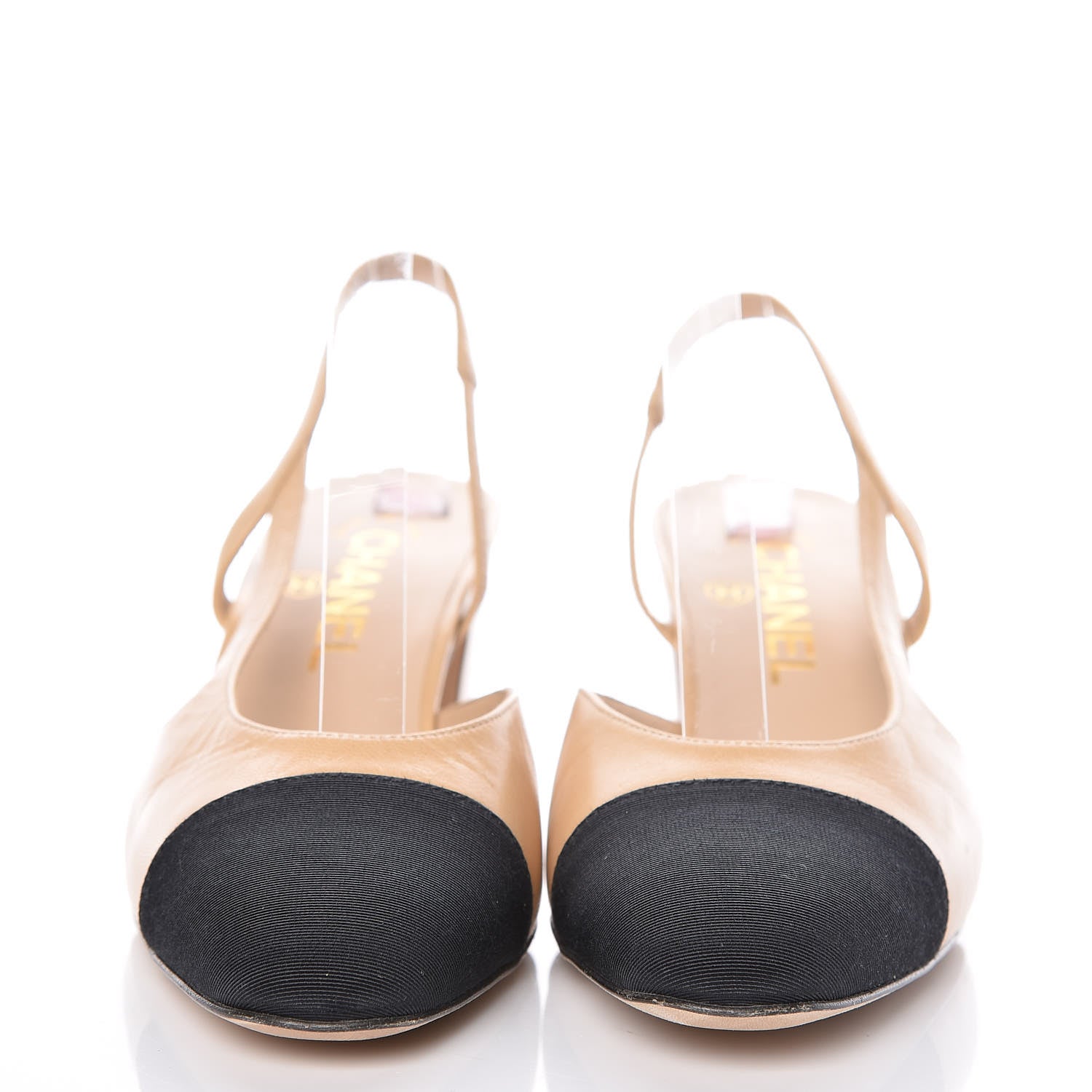Chanel Goatskin Grosgrain Cap Toe CC Slingback Pumps 37.5 Beige Black 2 of 11