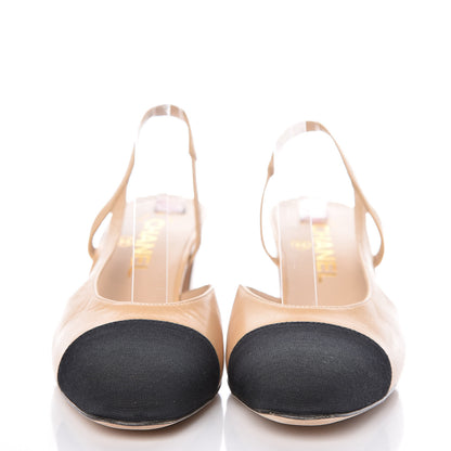 Chanel Goatskin Grosgrain Cap Toe CC Slingback Pumps 37.5 Beige Black 2 of 11