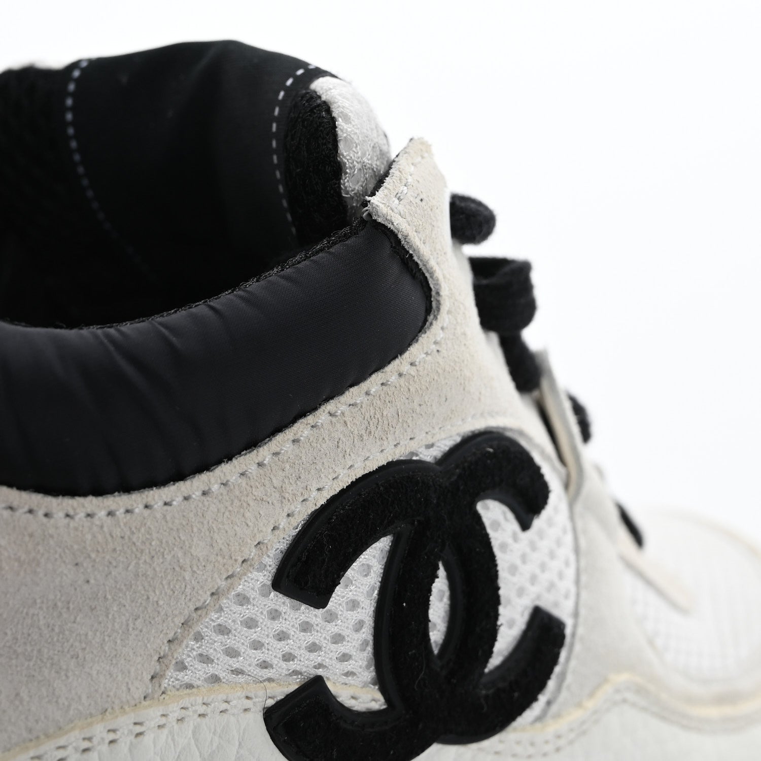 Chanel Mesh Suede Calfskin Grained Calfskin Womens CC Sneakers 37.5 White Black 10 of 12