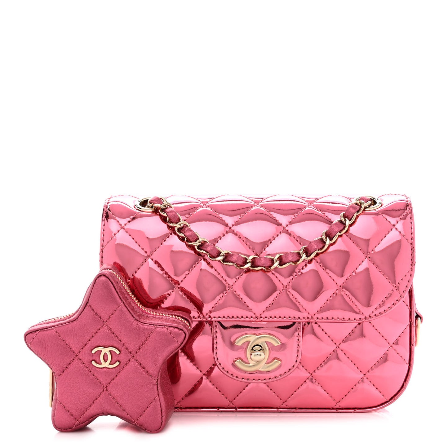 Mirror Calfskin Metallic Lambskin Quilted Hollywood Boulevard Mini Flap With Star Coin Purse Pink