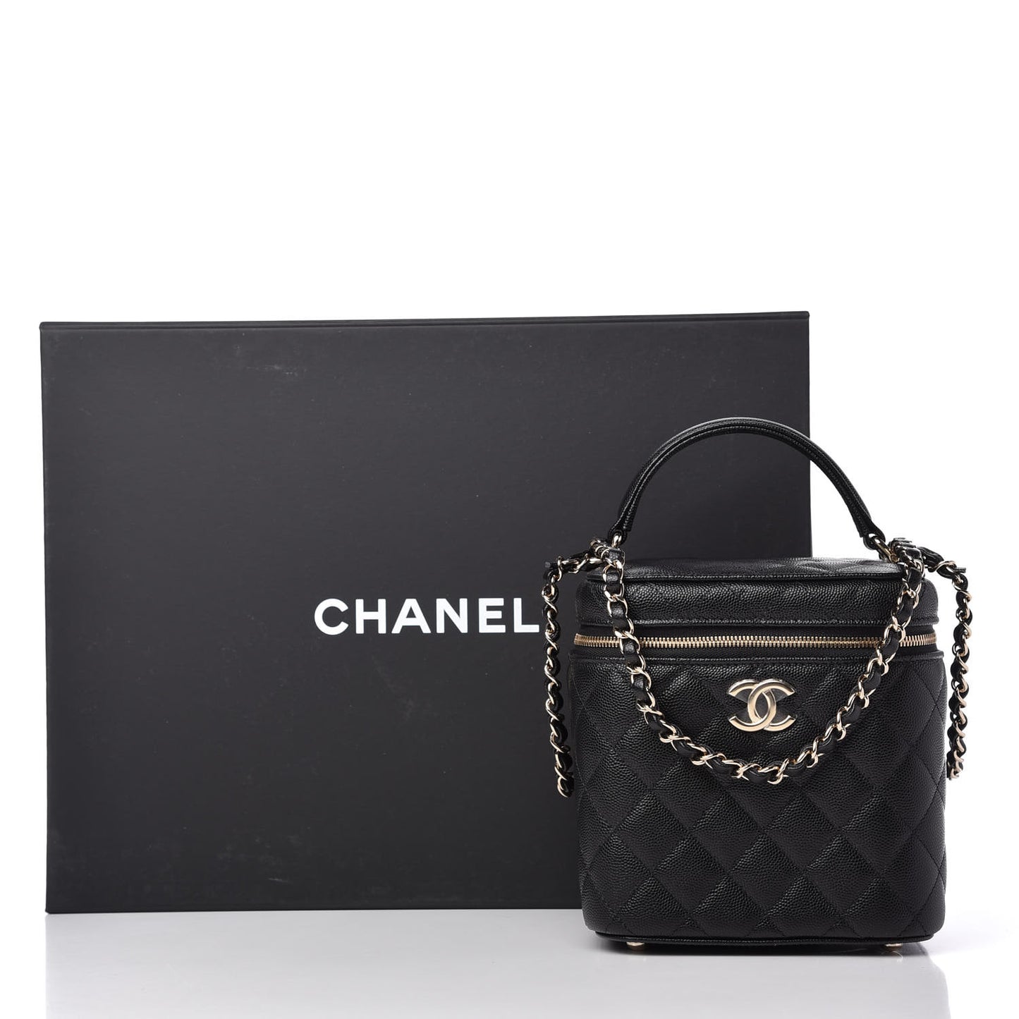 Caviar Quilted Small Top Handle Vanity Case With Chain Black