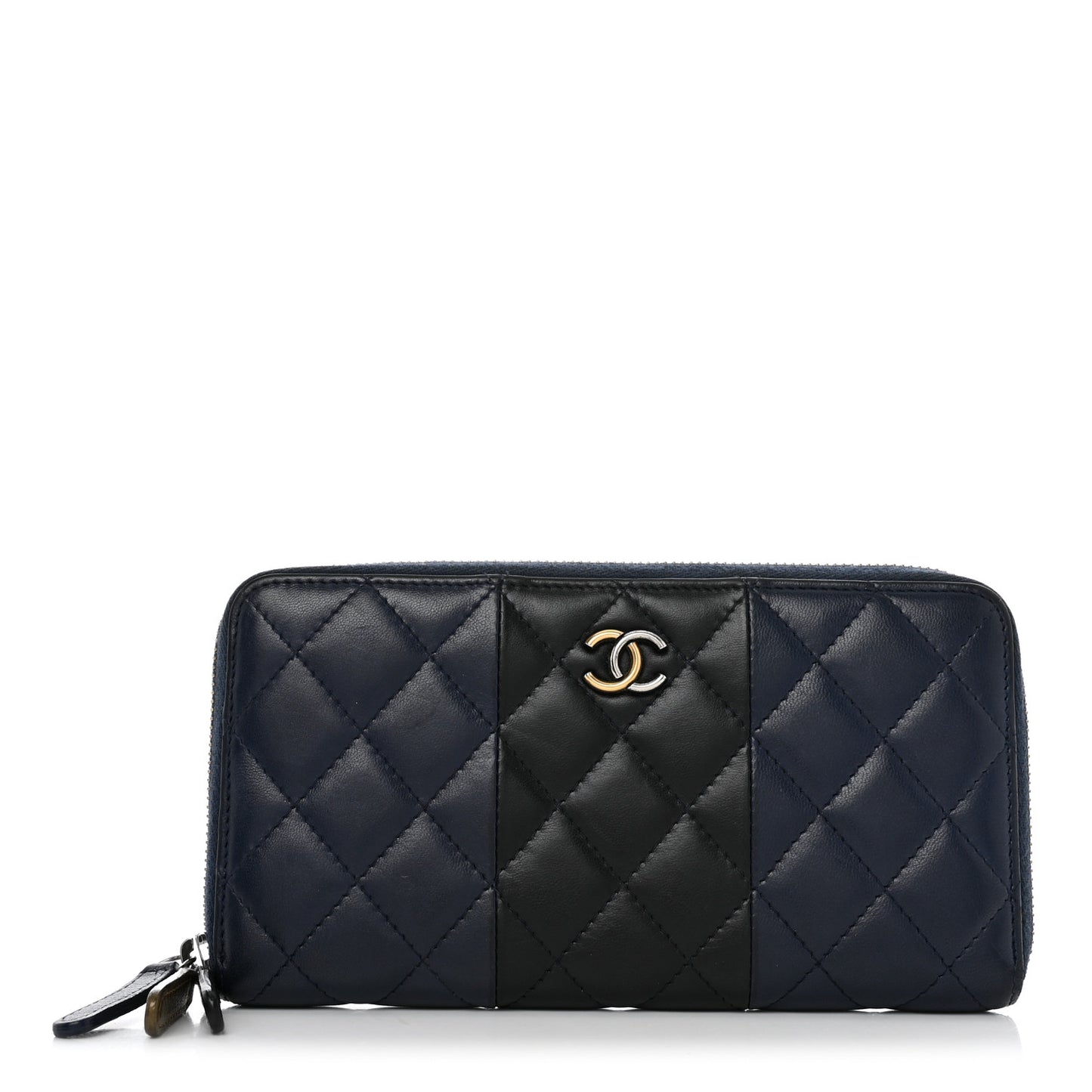Lambskin Quilted Large Gusset Zip Around Wallet Blue Black
