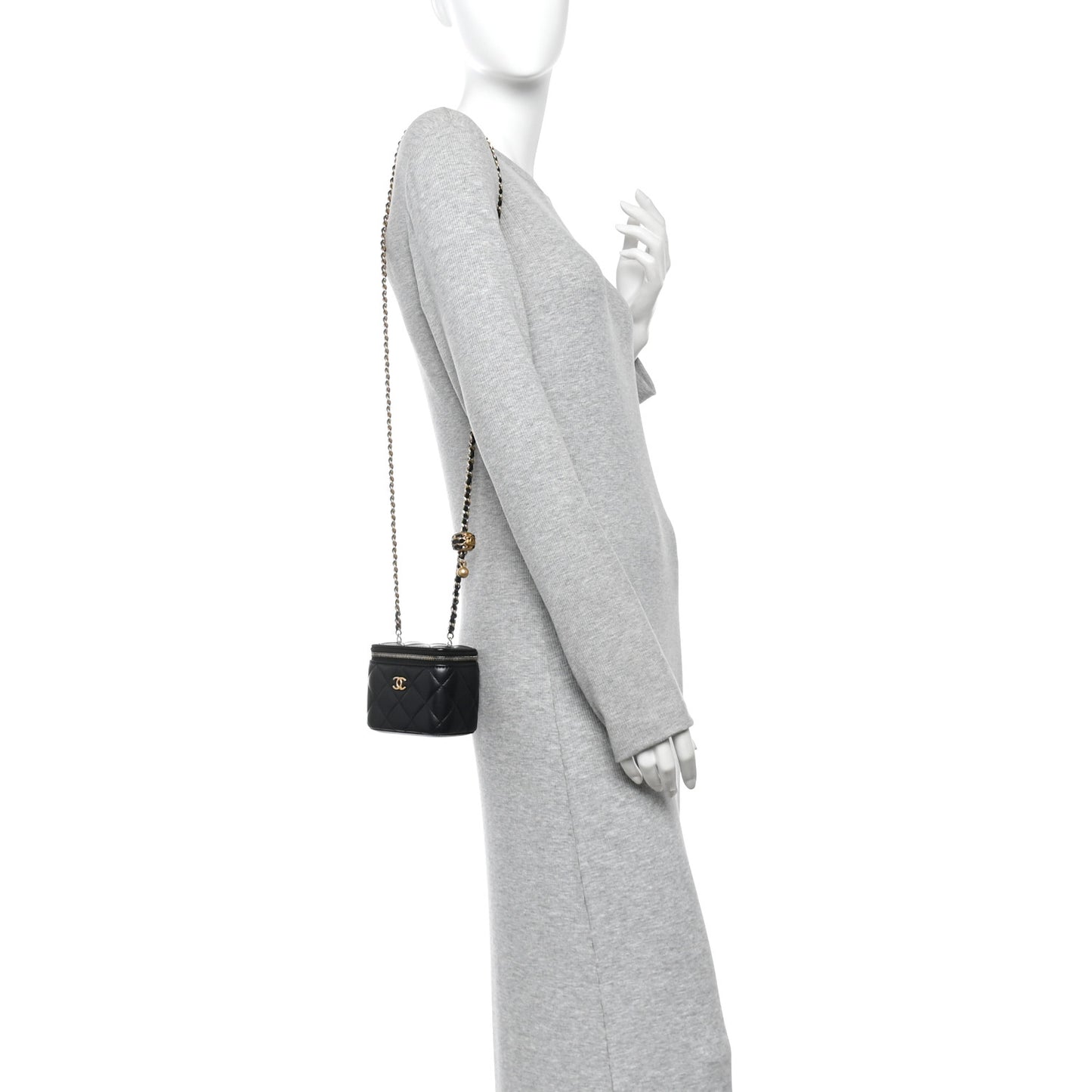 Lambskin Quilted Mini Pearl Crush Vanity Case With Chain Black