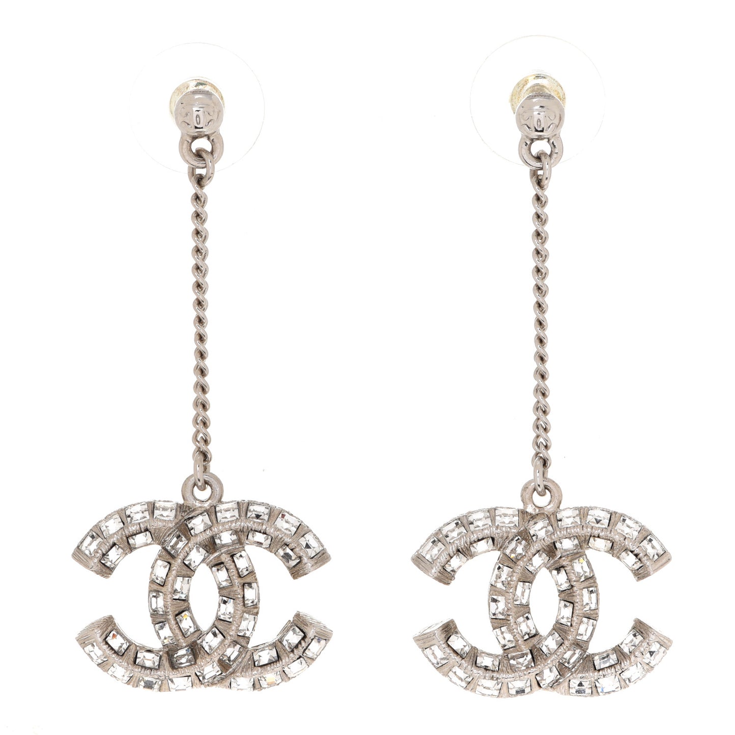Baguette Crystal CC Drop Earrings Silver