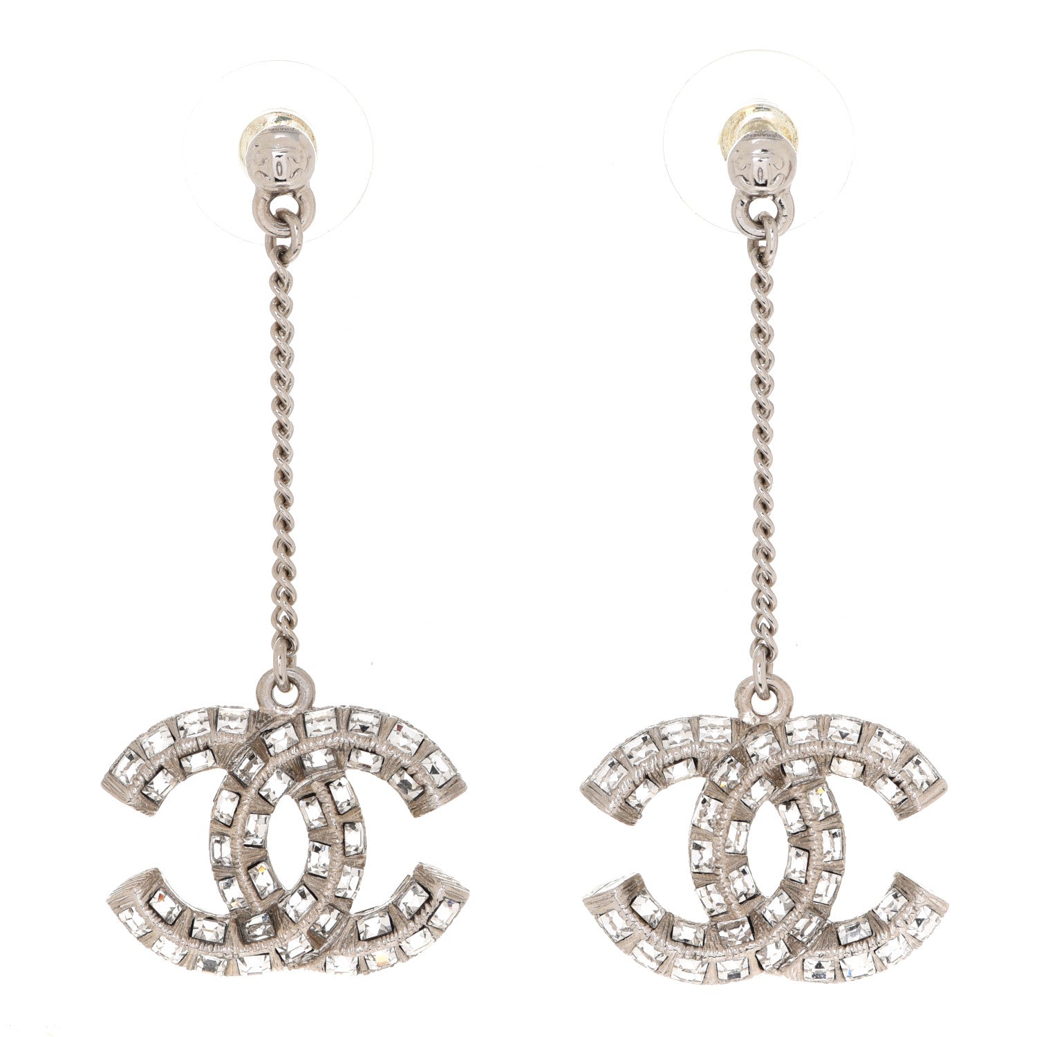 Chanel Baguette Crystal CC Drop Earrings Silver 1 of 4