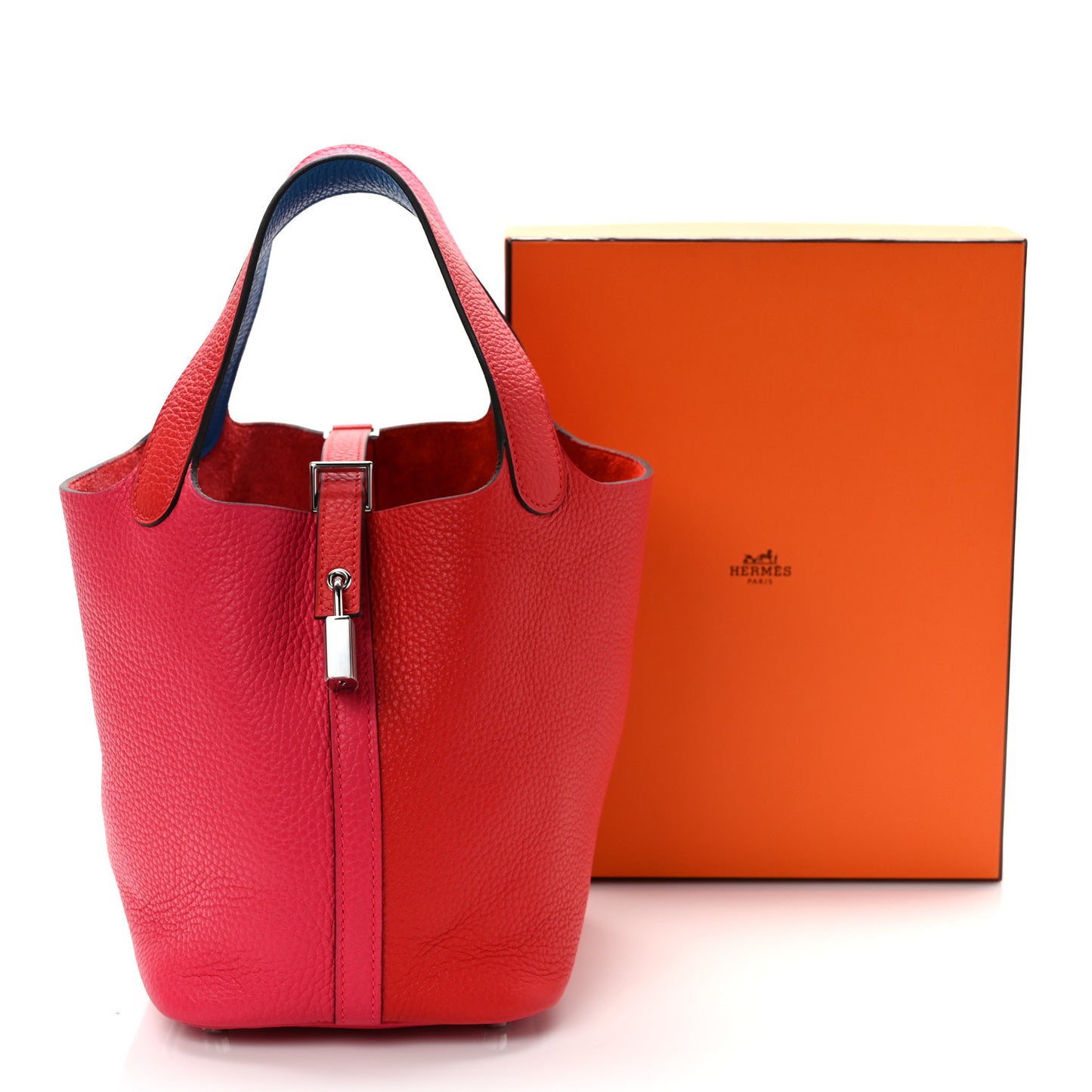 Taurillon Clemence Tri-Color Picotin Lock 18 PM Rouge Coeur Rose Extreme Bleu Zanzibar