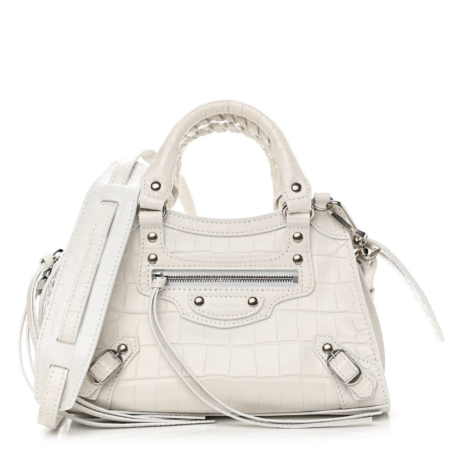 Extra Supple Calfskin Crocodile Embossed Neo Classic Silver Hardware Mini City White