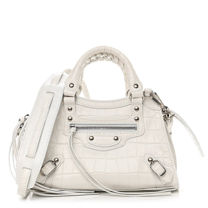 Balenciaga Extra Supple Calfskin Crocodile Embossed Neo Classic Silver Hardware Mini City White 1 of 11