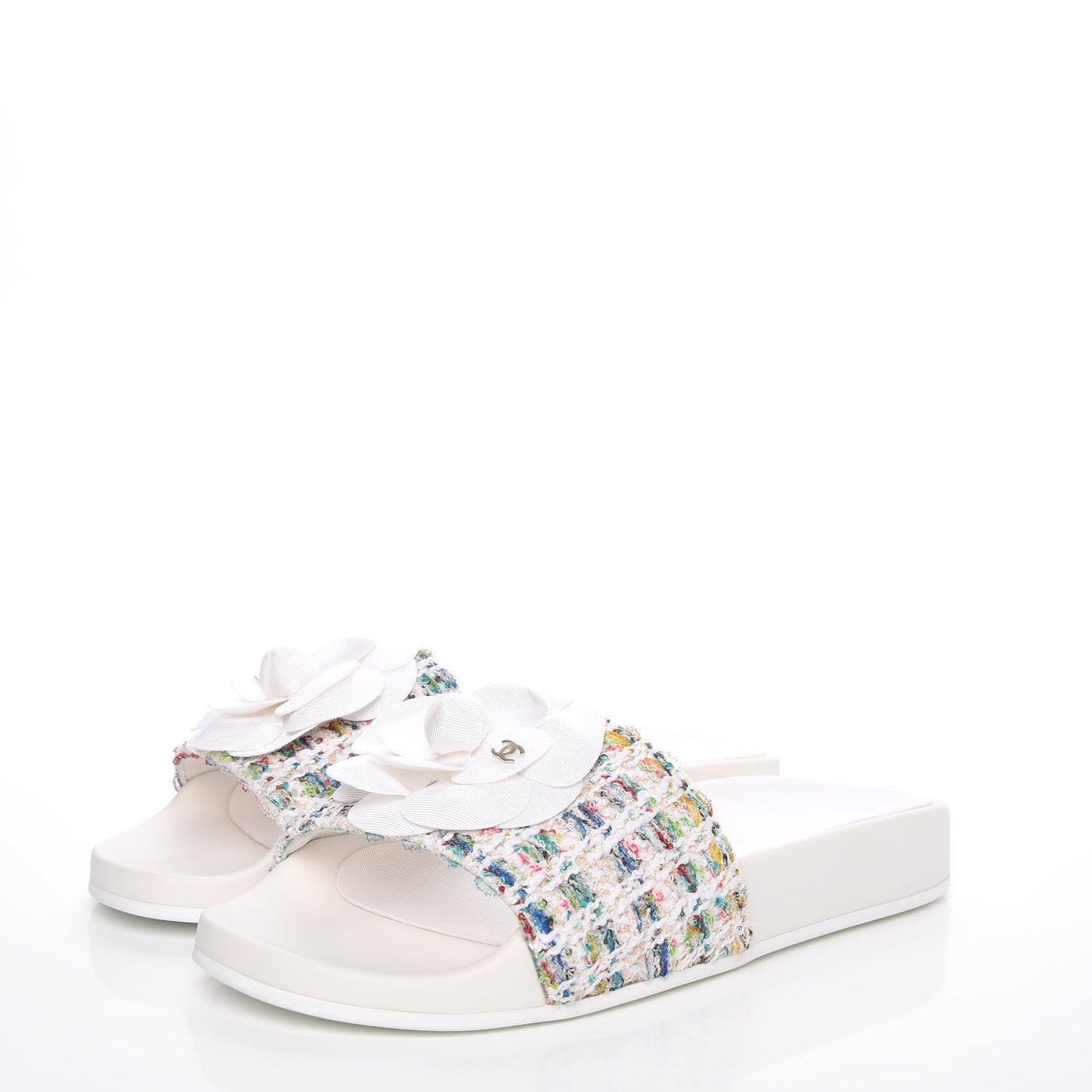 Tweed Grosgrain Camellia Mule Sandal 35 Ecru Green Ivory