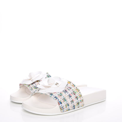 Chanel Tweed Grosgrain Camellia Mule Sandal 35 Ecru Green Ivory 3 of 10