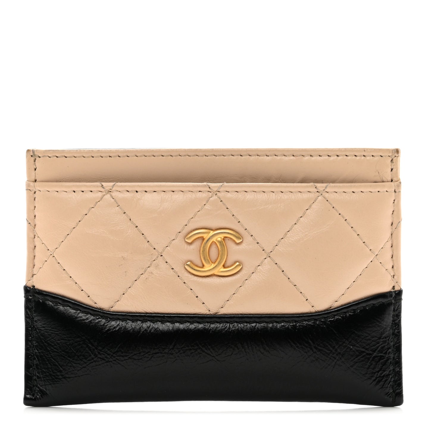 Aged Calfskin Quilted Gabrielle Card Holder Wallet Beige Black