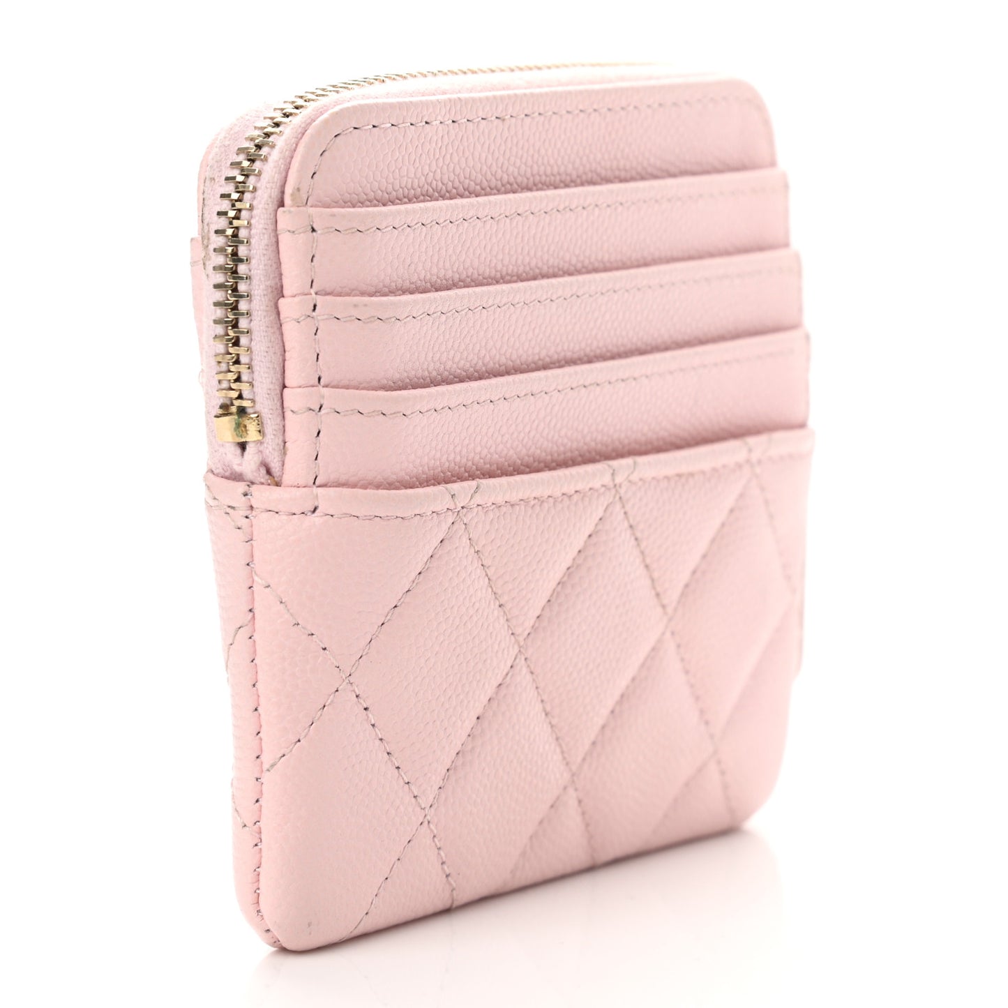 Caviar Quilted Crystal Zip Card Holder Wallet Light Pink