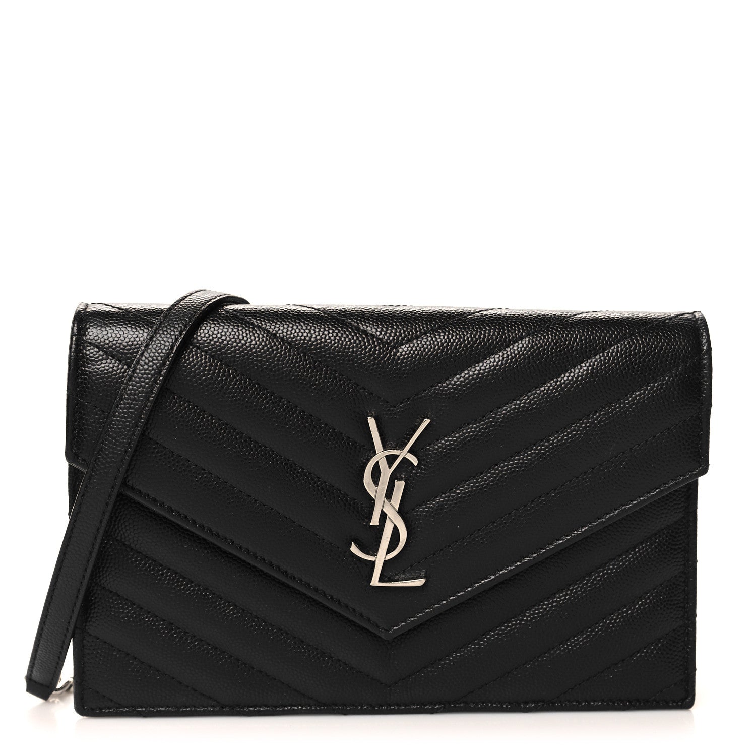 Saint Laurent Grain De Poudre Matelasse Chevron Monogram Envelope Chain Wallet Black 1 of 11