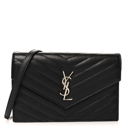 Saint Laurent Grain De Poudre Matelasse Chevron Monogram Envelope Chain Wallet Black 1 of 11