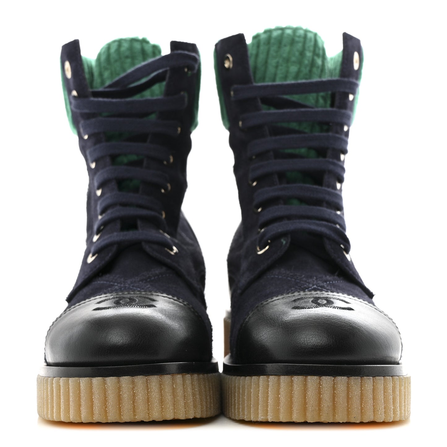 Suede Calfskin Velvet Quilted CC Combat Boots 36 Navy Green Black