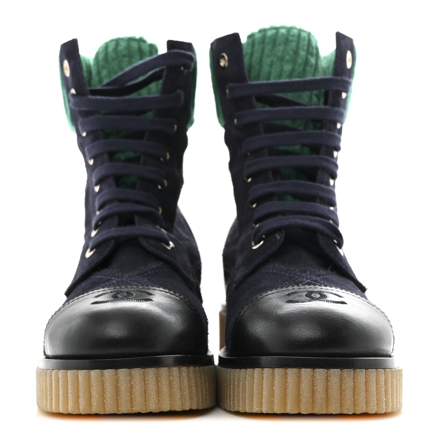 Chanel Suede Calfskin Velvet Quilted CC Combat Boots 36 Navy Green Black 3 of 12