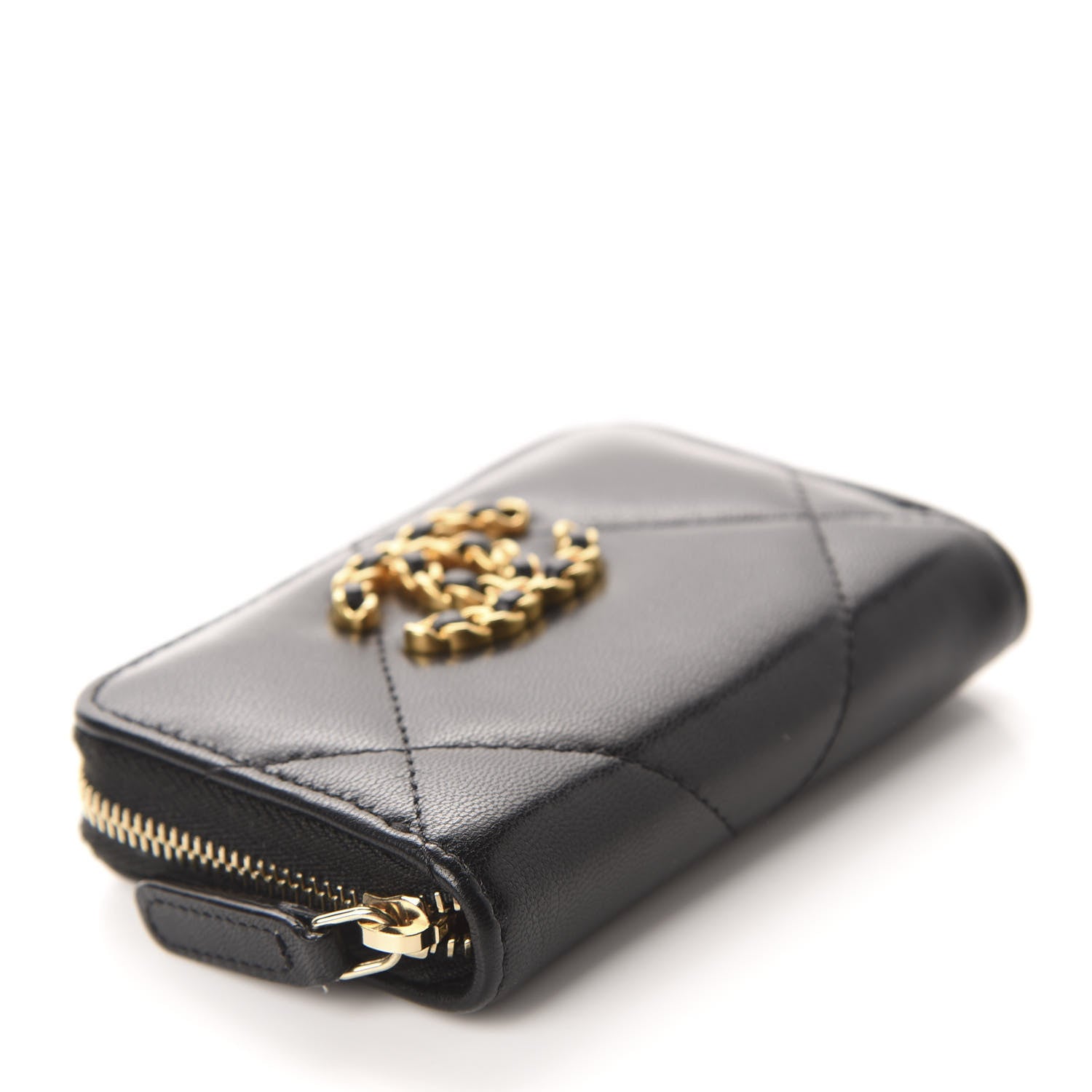 Chanel Shiny Goatskin Quilted Chanel 19 Zip Around Coin Purse Wallet Black 4 of 8