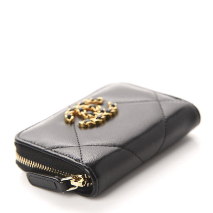 Chanel Shiny Goatskin Quilted Chanel 19 Zip Around Coin Purse Wallet Black 4 of 8